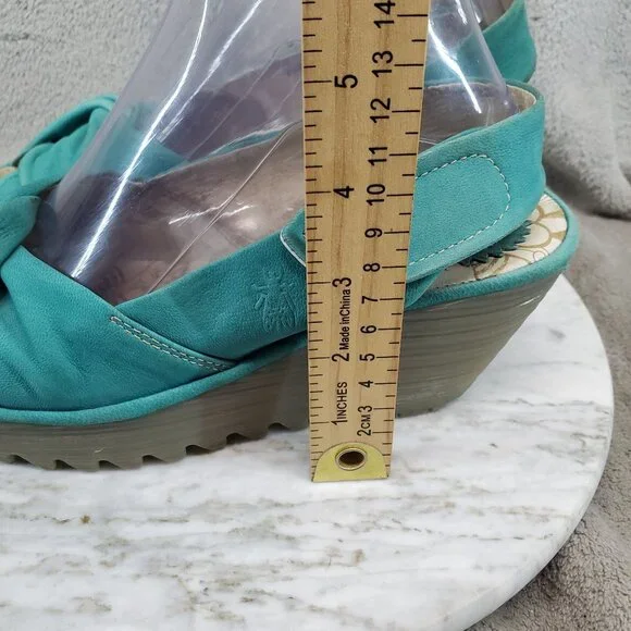 Fly London Shoes Womens Size EU38 US 7.5 Yakin Teal Leather Wedge Sandals *Read* - Picture 2 of 10